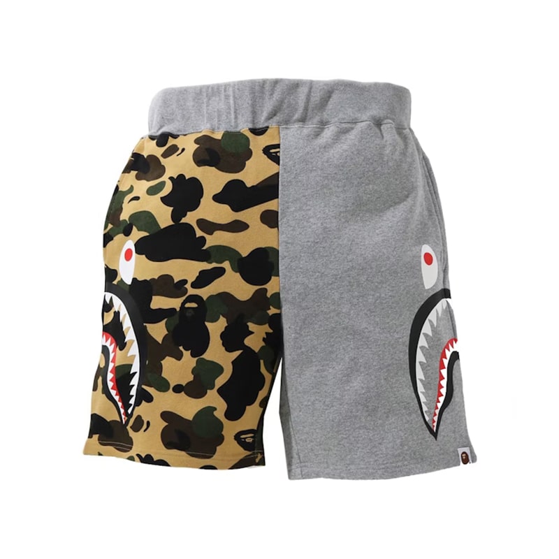 Bape Side Shark Sweat Shorts - Yellow Camo/Grey